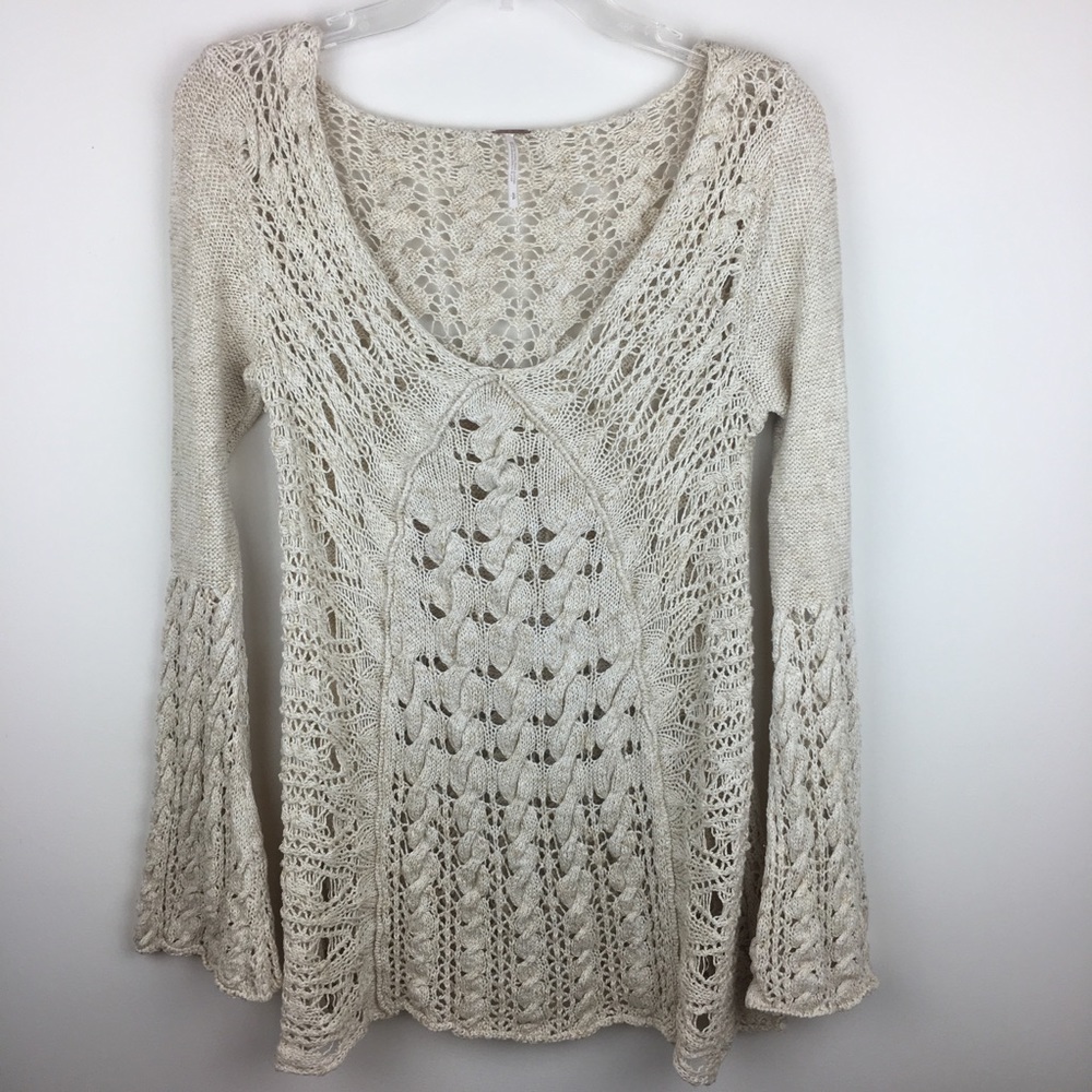 Free People Open Knit Bell Sleeve V-Neck Sweater